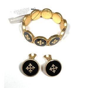 Chico’s Bracelet Stretch & Clips Earrings Black Gold Tone